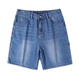 Men's loose fit blue washed denim shorts with elastic waist and casual five-point design