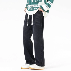 Jean large délavé gris foncé pour homme avec cordon de serrage blanc et coupe droite