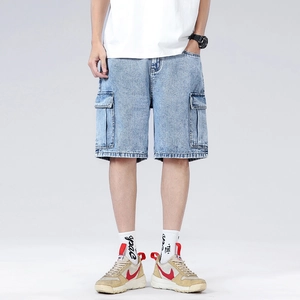 Pantaloncini Cargo da Uomo in Denim Casual Lavato Celeste Vestibilità Ampia Estivi Con Vita Elastica Coulisse Tasche Streetwear