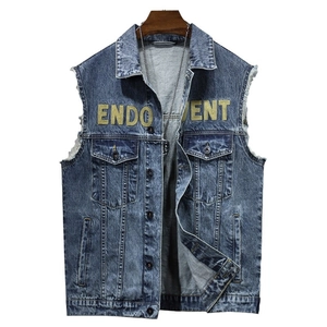 Men's loose vintage blue denim vest with yellow endowment lettering and chest pockets
