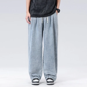 Jeans Uomo a Gamba Larga Taglio Largo In Misto Cotone Pantaloni In Denim Con Coulisse Lavaggio Vintage Per Quotidiano