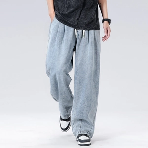 Pantaloni denim uomo azzurri a gamba larga con coulisse in stile retrò americano casual