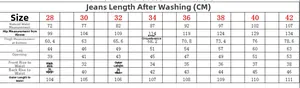 Size chart for vintage ripped slim fit jeans showing waist and length measurements