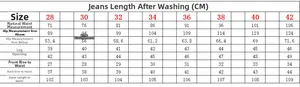 Detailed size chart for slim fit flare jeans showing waist, hip, and length measurements