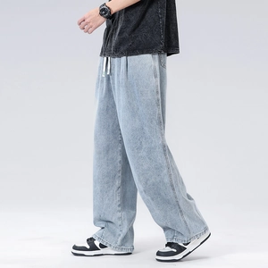Jeans da uomo a gamba larga azzurri con coulisse in vita e cuciture laterali stile retrò