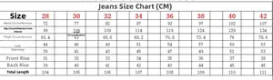 Detailed size chart for retro embroidered ripped slim straight jeans from size 28 to 42