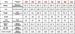 Detailed size chart for men's hand-painted straight pants with waist and hip measurements