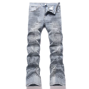 Men's slim-fit light blue flare jeans featuring unique black linear grid pattern print