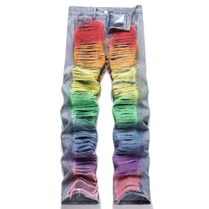 Hip hop straight jeans in light blue with unique rainbow colored distressed ripped details