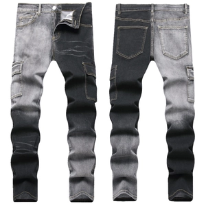 Men Patchwork Cargo Jeans Slim Fit Color Block Denim Pants With Functional Pockets Washed Streetwear Fashion Trousers For Men