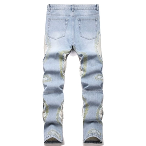 Distressed American style light blue washed denim jeans with yellow sun patch embroidery