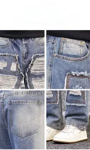 Detailed views of washed blue denim jeans featuring distressed rips and frayed edge texture