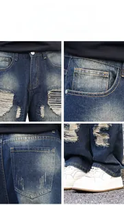 Détails d'un jean bleu droit usé avec des trous déchirés et une texture délavée chic
