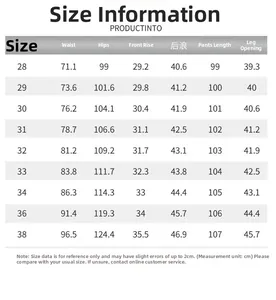Detailed size chart for men's distressed denim pants showing waist and hip measurements in cm