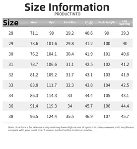 Detailed size chart for vintage distressed denim pants with waist and hip measurements