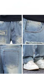 Detailed views of vintage distressed denim pants with patchwork and cargo pockets