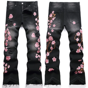 Men's Black Denim Flare Jeans With Pink Cherry Blossom Embroidery Distressed Ripped Raw Hem Streetwear Washed Long Pants