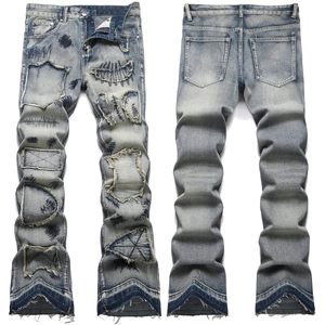 Jean Évasé Coupe Ajustée High Street Homme Délavé Bleu Broderie Patchwork Pantalon Denim Rétro Streetwear Pour Hommes