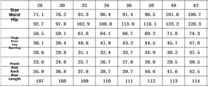 Detailed size chart for white slim-fit stretch jeans including waist and hip measurements