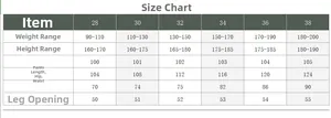 Tableau des tailles détaillé pour pantalon denim noir ample avec guides de poids et taille