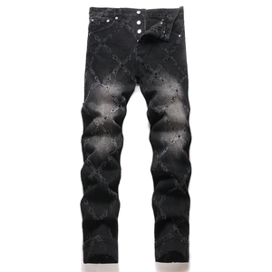 Men Black Cotton Denim Punk Jeans Gothic Streetwear Straight Fit Washed Distressed Pants With Beaded Cross Pattern