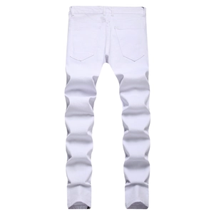Slim fit white stacked denim jeans for men with back pocket detail on white background