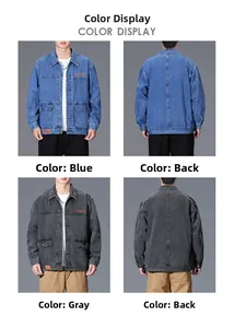 Detailed views of casual denim jackets for men in blue and gray colors showing front and back
