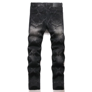 Punk black straight-leg jeans with rhinestone cross pattern and washed denim finish