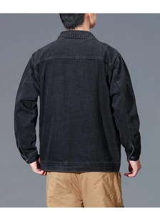 Back view of a black American-style utility denim jacket with horizontal seam details