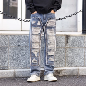 Men Distressed Patchwork Jeans Streetwear Heavy Industry Ripped Frayed Washed Denim Pants Loose Straight Blue Trousers