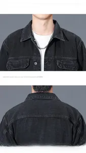 Detail of vintage black denim jacket showing collar design and durable back stitching