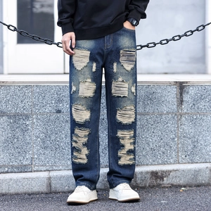 Jeans Déchirés Streetwear pour Hommes Bleu Foncé Délavé Coupe Droite Pantalon en Denim Mode Urbaine Rétro Décontracté