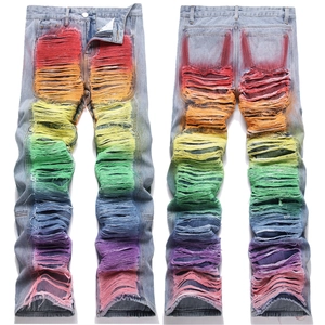 Men Streetwear Rainbow Gradient Ripped Straight Leg Jeans Light Blue Distressed Baggy Denim Pants For Youth Daily Wear