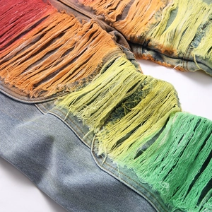 Mens straight streetwear denim jeans with rainbow fringe embroidery and distressed detail
