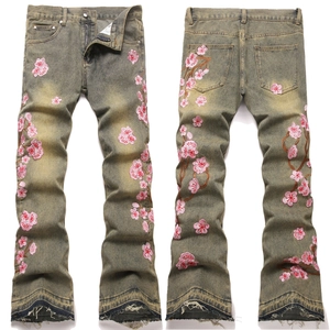 Men's Vintage Washed Cherry Blossom Embroidery Jeans High Street Distressed Slim Fit Flare Leg Denim Pants For Casual Wear
