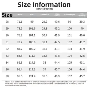 Detailed size chart for wide leg distressed denim jeans with waist and hip measurements