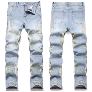 Men Light Blue Distressed Ripped Jeans Patchwork Yellow Star Embroidery Streetwear Slim Straight Washed Denim Pants