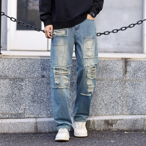 Men's Vintage Ripped Patchwork Straight Leg Denim Jeans Distressed Frayed Patches Streetwear Fashion Casual Light Blue Trousers