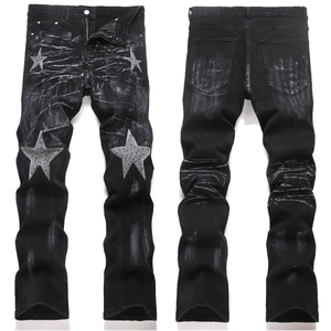 Men High Street Flare Jeans Rhinestone Star Patchwork Denim Cotton Spandex Slim Fit Washed Distressed Retro Punk Pants