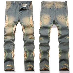 Men Retro Washed Distressed Ripped Jeans Green Zigzag Embroidery Patchwork Slim Straight Denim Pants Streetwear Youth