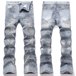 Men High Street Slim Fit Micro Flare Jeans With Black Scribble Print Light Blue Denim Pants For Streetwear Casual Daily
