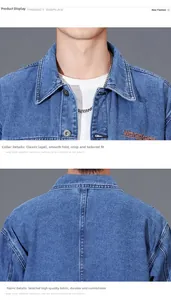 Detail view of the classic collar and durable denim fabric with orange embroidery
