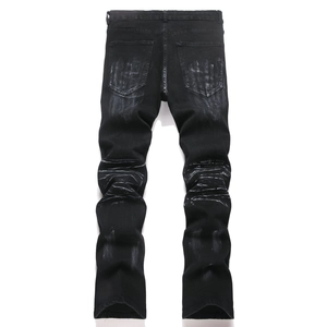 Slim fit black flare jeans for men with heavy washed denim texture and back pockets