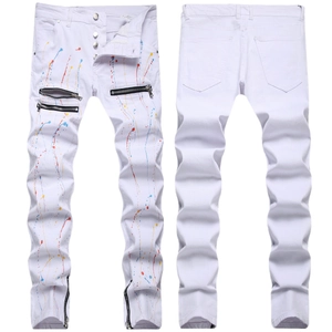 Men Slim Fit White Paint Splatter Denim Jeans With Zipper Decor Button Fly Street Fashion Stacking Stacked Pencil Pants