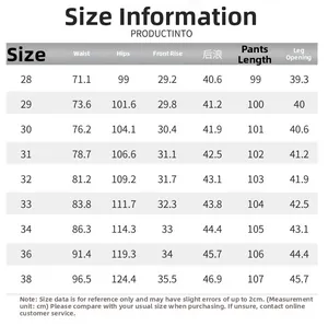 Detailed size chart for men's baggy patch jeans including waist and hip measurements