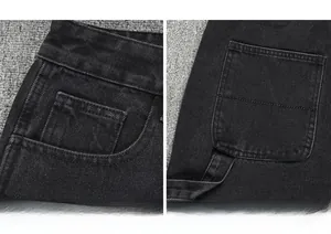 Détails du pantalon cargo noir montrant les poches renforcées et le tissu denim épais