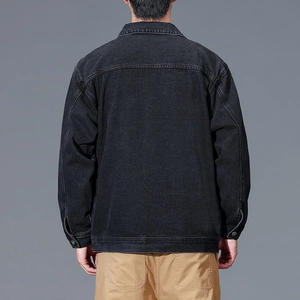 Men's black American workwear denim jacket with drop shoulders and loose fit style