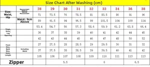 Size chart table with detailed measurements for men's blue rhinestone flared jeans