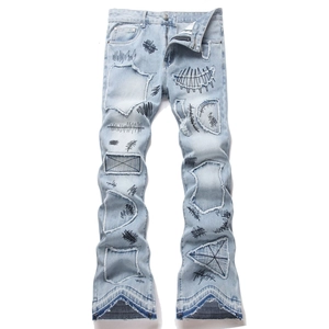 Men High Street Graffiti Embroidery Jeans Light Blue Denim Micro Flare Pants Star Patch Distressed Raw Hem Streetwear