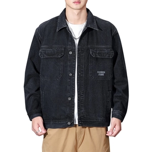 Men's black American workwear denim jacket with chest pockets and fashion prints